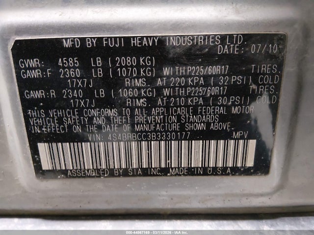 2011 Subaru Outback 2.5i Premium მანქანა იყიდება აუქციონზე, vin: 4S4BRBCC3B3330177, აუქციონის ნომერი: 44567169
