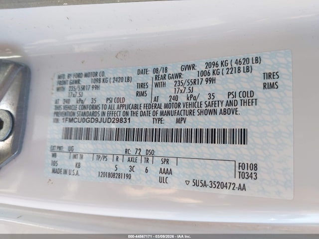 1FMCU0GD9JUD29831 Ford ESCAPE SE