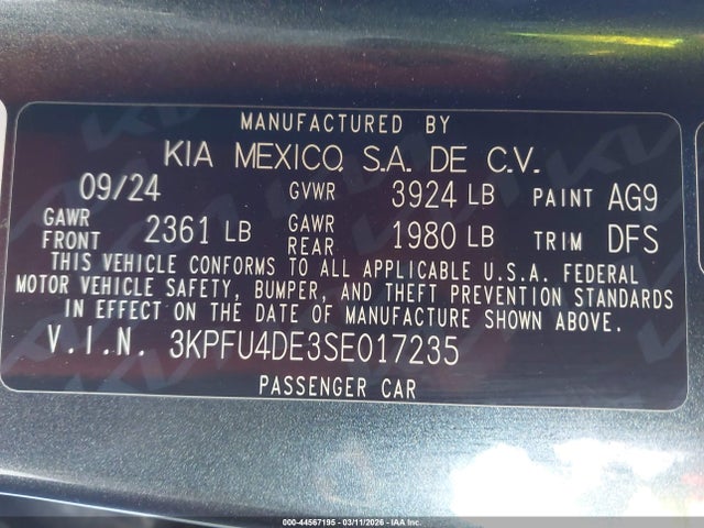 Aukcja sprzedaży 2025 Kia K4 Ex, vin: 3KPFU4DE3SE017235, numer aukcji: 44567195
