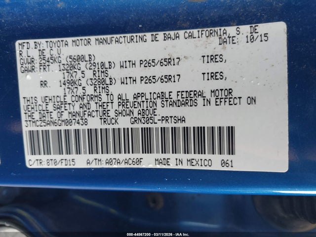 Продажа на аукционе авто 2016 Toyota Tacoma Trd Sport, vin: 3TMCZ5AN6GM007438, номер лота: 44567200