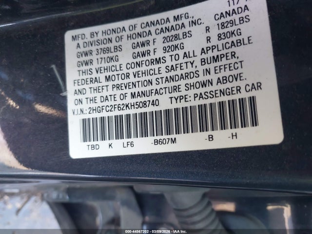 Honda Civic Lx 2019 2HGFC2F62KH508740 Image 9