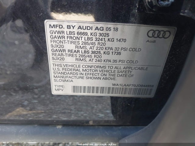 Aukcja sprzedaży 2018 Audi Q7 3.0t Premium, vin: WA1LAAF70JD044959, numer aukcji: 44567204
