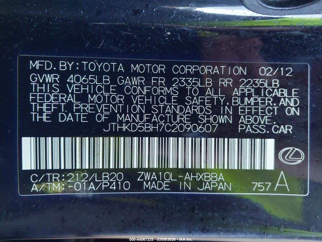 Aukcja sprzedaży 2012 Lexus Ct 200h, vin: JTHKD5BH7C2090607, numer aukcji: 44567225
