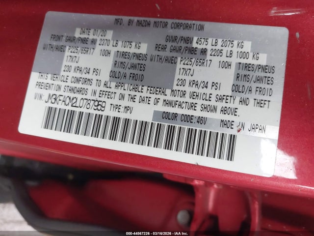 44567226 :رقم المزاد ، JM3KFACM2L0787959 vin ، 2020 Mazda Cx-5 Touring مزاد بيع