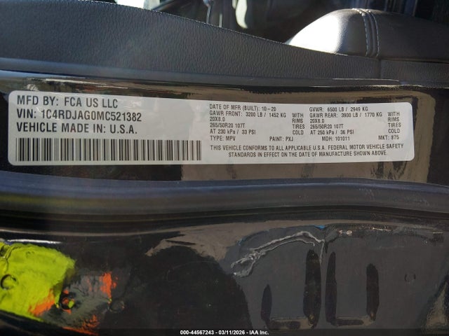 Aukcja sprzedaży 2021 Dodge Durango Sxt Plus Awd, vin: 1C4RDJAG0MC521382, numer aukcji: 44567243