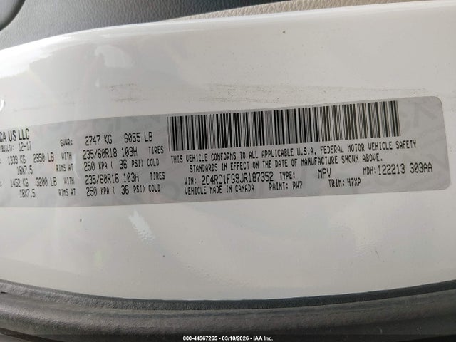 2018 Chrysler Pacifica Touring Plus მანქანა იყიდება აუქციონზე, vin: 2C4RC1FG9JR187352, აუქციონის ნომერი: 44567265