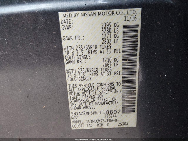 5N1AZ2MH3HN118897 Nissan MURANO SV