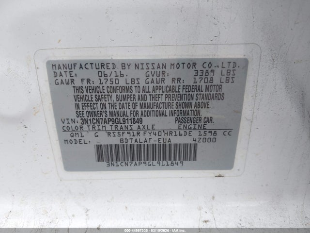 3N1CN7AP9GL911849 Nissan Versa 1.6 S