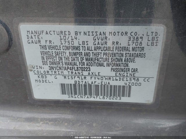 3N1CN7AP4FL870223 Nissan Versa 1.6 S