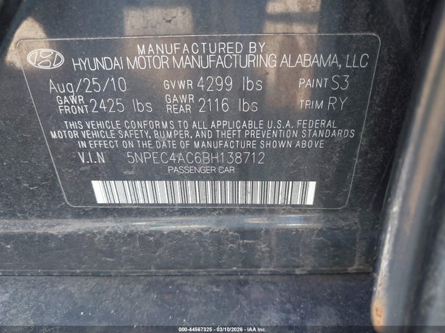 Продаж на аукціоні авто 2011 Hyundai Sonata Limited, vin: 5NPEC4AC6BH138712, номер лоту: 44567325