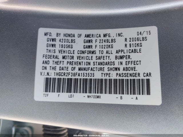 Honda ACCORD LX 2015 1HGCR2F36FA153535 Image 9