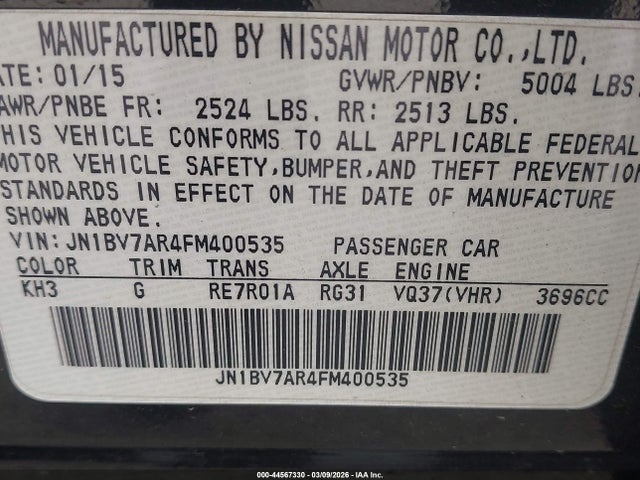 Продажа на аукционе авто 2015 Infiniti Q50 Premium, vin: JN1BV7AR4FM400535, номер лота: 44567330