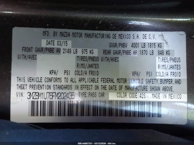 Продаж на аукціоні авто 2015 Mazda Mazda3 I Sport, vin: 3MZBM1U76FM202435, номер лоту: 44567331