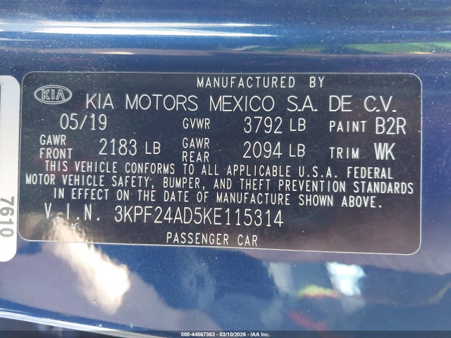 3KPF24AD5KE115314 KIA Forte Lxs