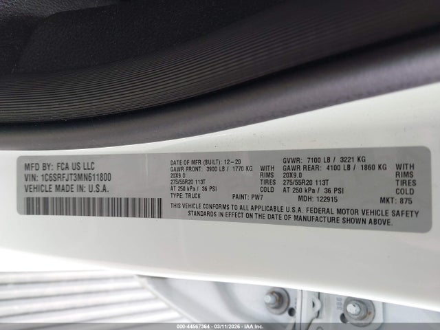 2021 Ram 1500 Laramie  4x4 5'7 Box მანქანა იყიდება აუქციონზე, vin: 1C6SRFJT3MN611800, აუქციონის ნომერი: 44567364