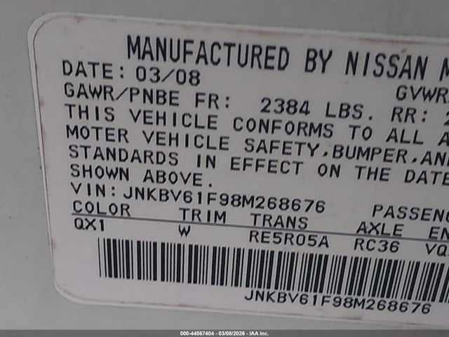 Aukcja sprzedaży 2008 Infiniti G35x, vin: JNKBV61F98M268676, numer aukcji: 44567404