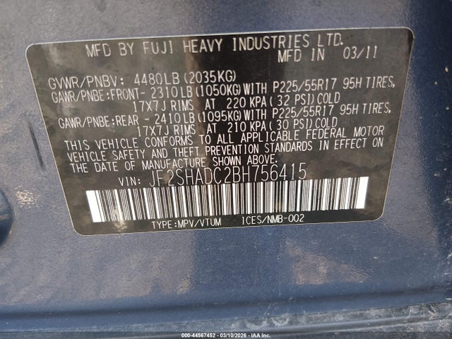 Продаж на аукціоні авто 2011 Subaru Forester 2.5x Premium, vin: JF2SHADC2BH756415, номер лоту: 44567452