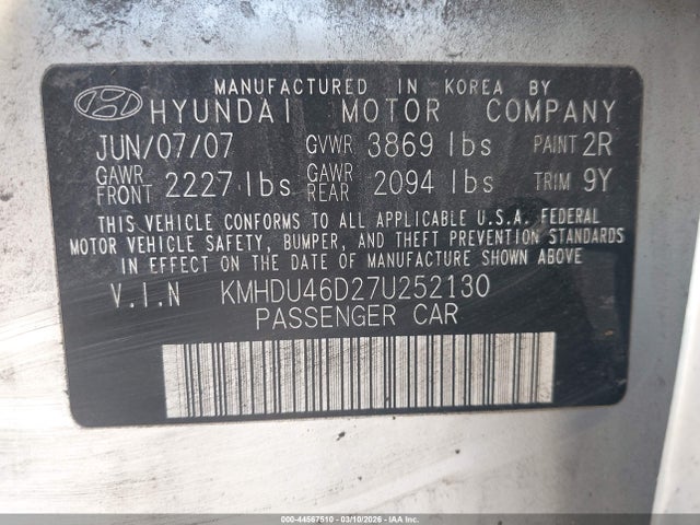 Aukcja sprzedaży 2007 Hyundai Elantra Gls/limited/se, vin: KMHDU46D27U252130, numer aukcji: 44567510