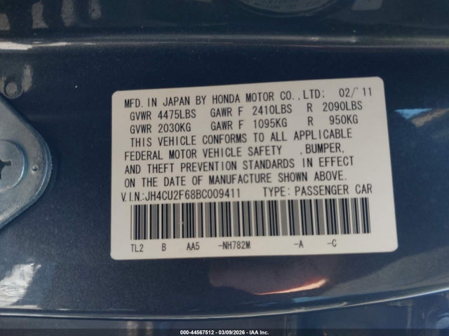2011 Acura Tsx 2.4 მანქანა იყიდება აუქციონზე, vin: JH4CU2F68BC009411, აუქციონის ნომერი: 44567512