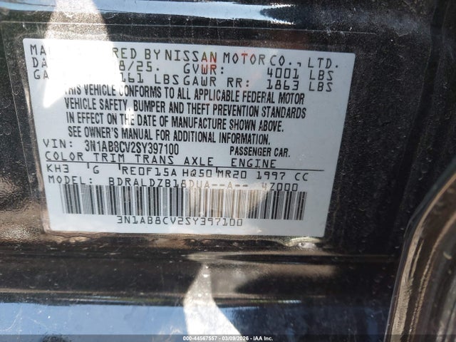 2025 Nissan Sentra Sv მანქანა იყიდება აუქციონზე, vin: 3N1AB8CV2SY397100, აუქციონის ნომერი: 44567557