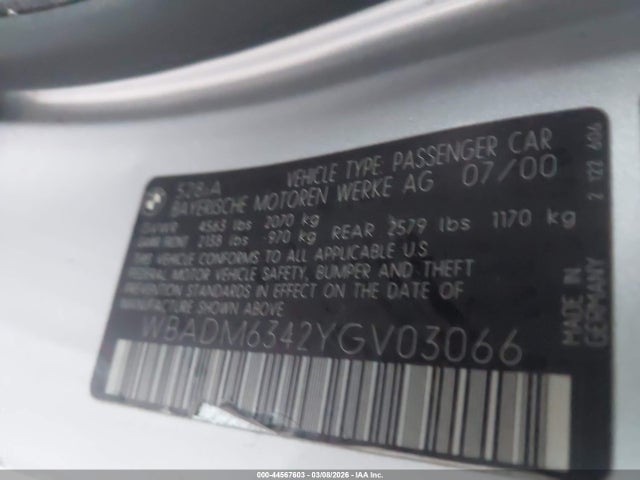 Aukcja sprzedaży 2000 Bmw 528ia, vin: WBADM6342YGV03066, numer aukcji: 44567603