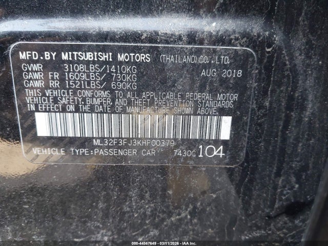 Продаж на аукціоні авто 2019 Mitsubishi Mirage G4 Es, vin: ML32F3FJ3KHF00379, номер лоту: 44567649