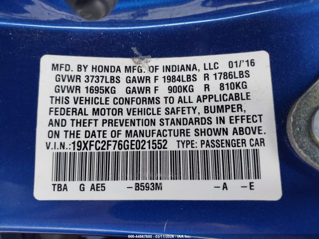 Honda CIVIC EX 2016 19XFC2F76GE021552 Image 9