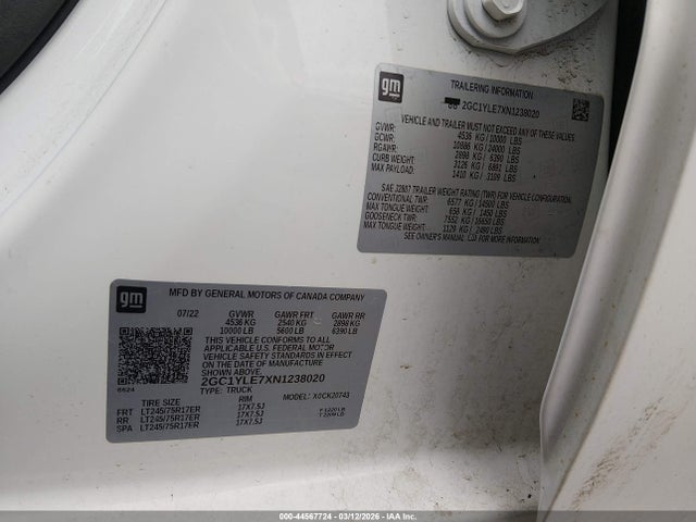 2GC1YLE7XN1238020 Chevrolet Silverado 2500hd 4wd Standard Bed Wt