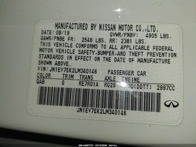 Продажа на аукционе авто 2020 Infiniti Q60 Luxe, vin: JN1EV7EK2LM340146, номер лота: 44567747