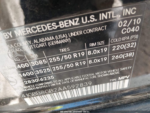 44567750 :رقم المزاد ، 4JGBB8GB2AA592839 vin ، 2010 Mercedes-benz Ml 350 4matic مزاد بيع