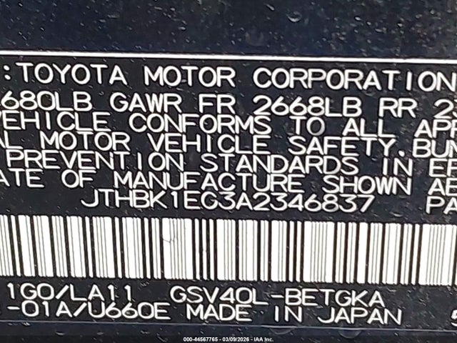Aukcja sprzedaży 2010 Lexus Es 350, vin: JTHBK1EG3A2346837, numer aukcji: 44567765