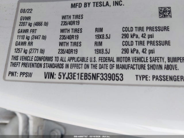 Продаж на аукціоні авто 2022 Tesla Model 3 Long Range Dual Motor All-wheel Drive, vin: 5YJ3E1EB5NF339053, номер лоту: 44567787