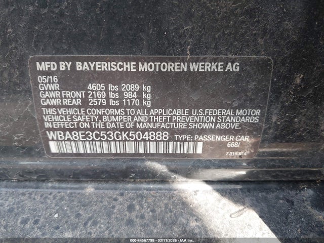 Aukcja sprzedaży 2016 Bmw 328i Xdrive, vin: WBA8E3C53GK504888, numer aukcji: 44567798