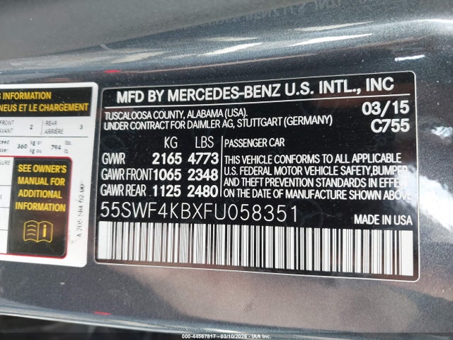 44567817 :رقم المزاد ، 55SWF4KBXFU058351 vin ، 2015 Mercedes-benz C 300 4matic مزاد بيع