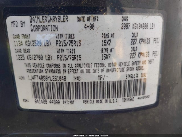 Продажа на аукционе авто 2000 Jeep Cherokee Sport, vin: 1J4FT48S0YL261048, номер лота: 44567823