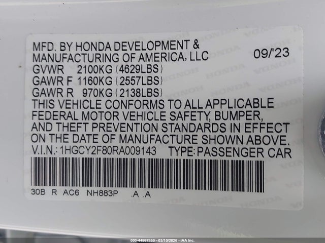 Продажа на аукционе авто 2024 Honda Accord Hybrid Touring, vin: 1HGCY2F80RA009143, номер лота: 44567850
