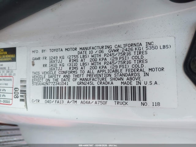 Aukcja sprzedaży 2007 Toyota Tacoma Base V6, vin: 5TEUU42N77Z341041, numer aukcji: 44567887