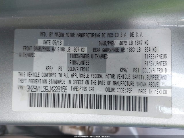 44567899 :رقم المزاد ، 3MZBN1L39JM228158 vin ، 2018 Mazda Mazda3 Touring مزاد بيع