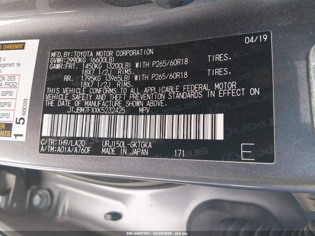 Продаж на аукціоні авто 2019 Lexus Gx 460 Premium, vin: JTJBM7FXXK5232425, номер лоту: 44567901