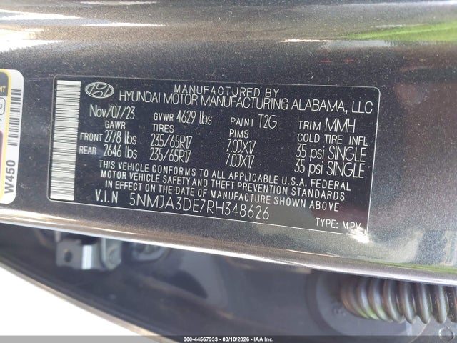 44567933 :رقم المزاد ، 5NMJA3DE7RH348626 vin ، 2024 Hyundai Tucson Se مزاد بيع