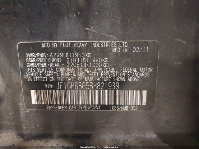44567953 :رقم المزاد ، JF1GH6B65BH821939 vin ، 2011 Subaru Impreza 2.5i Premium مزاد بيع