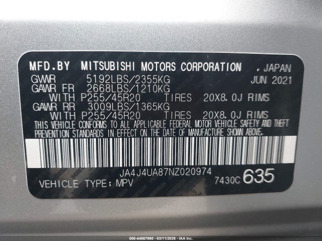 Aukcja sprzedaży 2022 Mitsubishi Outlander Black Edition S-awc/se 2.5 S-awc/se Launch Edition S-awc, vin: JA4J4UA87NZ020974, numer aukcji: 44567960