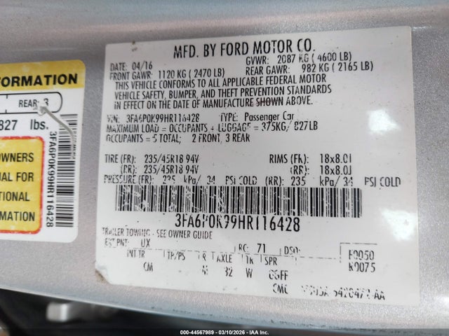 Auction sale of the 2017 Ford Fusion Titanium, vin: 3FA6P0K99HR116428, lot number: 44567989