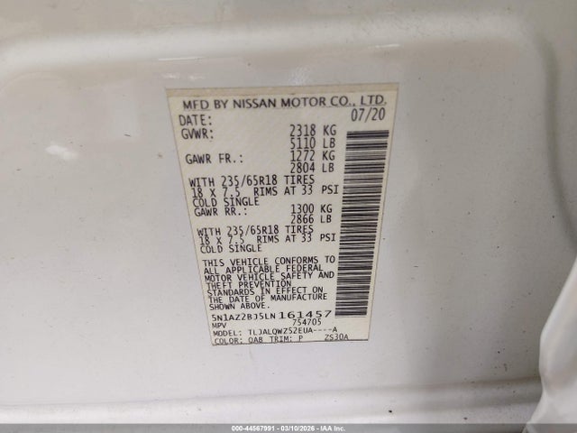 Продажа на аукционе авто 2020 Nissan Murano Sv Fwd, vin: 5N1AZ2BJ5LN161457, номер лота: 44567991
