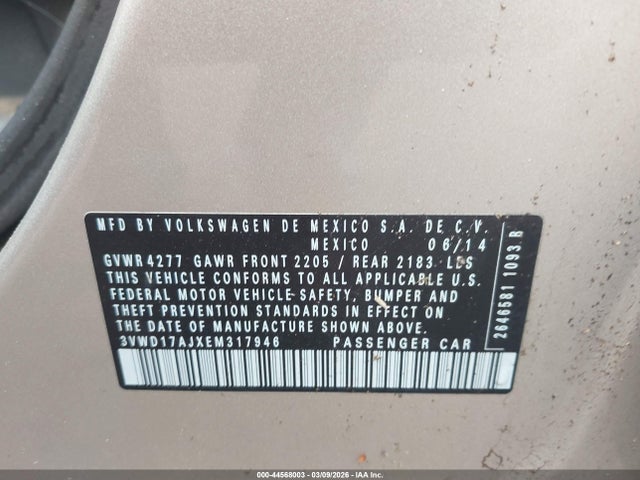 2014 Volkswagen Jetta 1.8t Se მანქანა იყიდება აუქციონზე, vin: 3VWD17AJXEM317946, აუქციონის ნომერი: 44568003