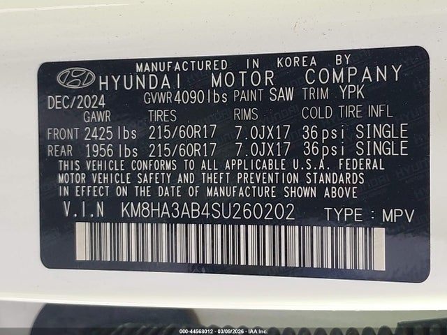 44568012 :رقم المزاد ، KM8HA3AB4SU260202 vin ، 2025 Hyundai Kona Se مزاد بيع