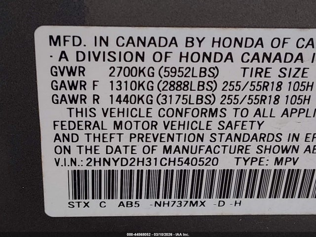 44568052 :رقم المزاد ، 2HNYD2H31CH540520 vin ، 2012 Acura Mdx Technology Package مزاد بيع