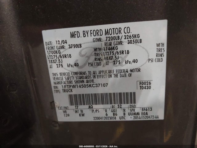 Продаж на аукціоні авто 2005 Ford F-150 Fx4/lariat/xlt, vin: 1FTPW14505KC37107, номер лоту: 44568058