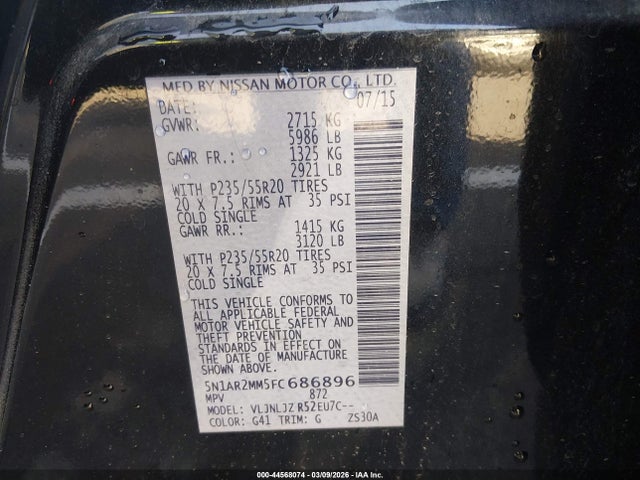 Nissan Pathfinder Platinum 2015 5N1AR2MM5FC686896 Image 9