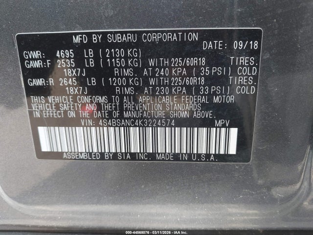 Продаж на аукціоні авто 2019 Subaru Outback 2.5i Limited, vin: 4S4BSANC4K3224574, номер лоту: 44568076